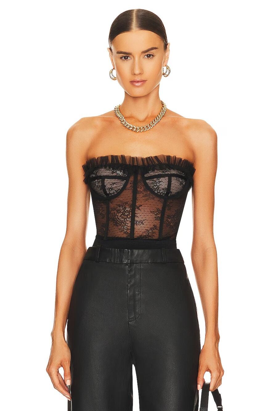 NBD Maren Corset Cropped Top Floral Lace Ruffle Sheer Evening Party Preppy XS